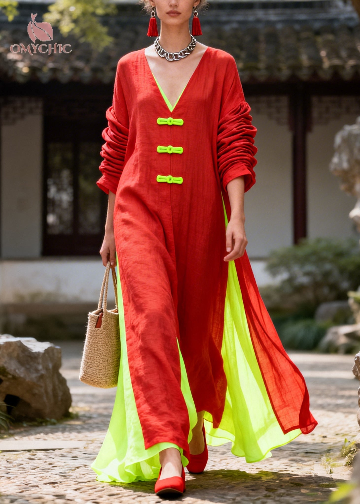 Boho Red Oversized Patchwork Chinese Button Cotton Dress Long Sleeve