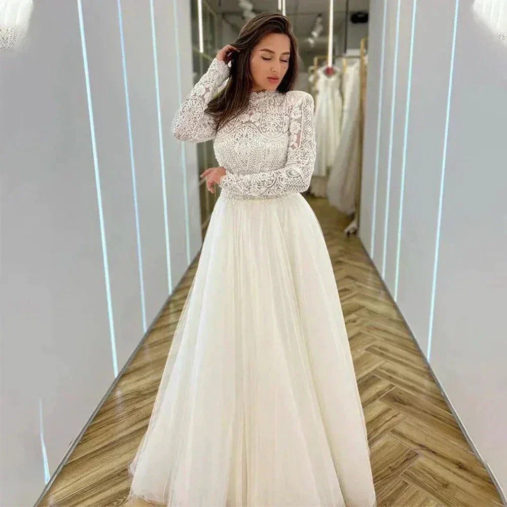Romantic Wedding Dresses Mermaid High Neck Long Sleeves Exquisite Lace Appliques Princess Style Beach Mopping Bride Gowns (ZD13441) - VelvetHem