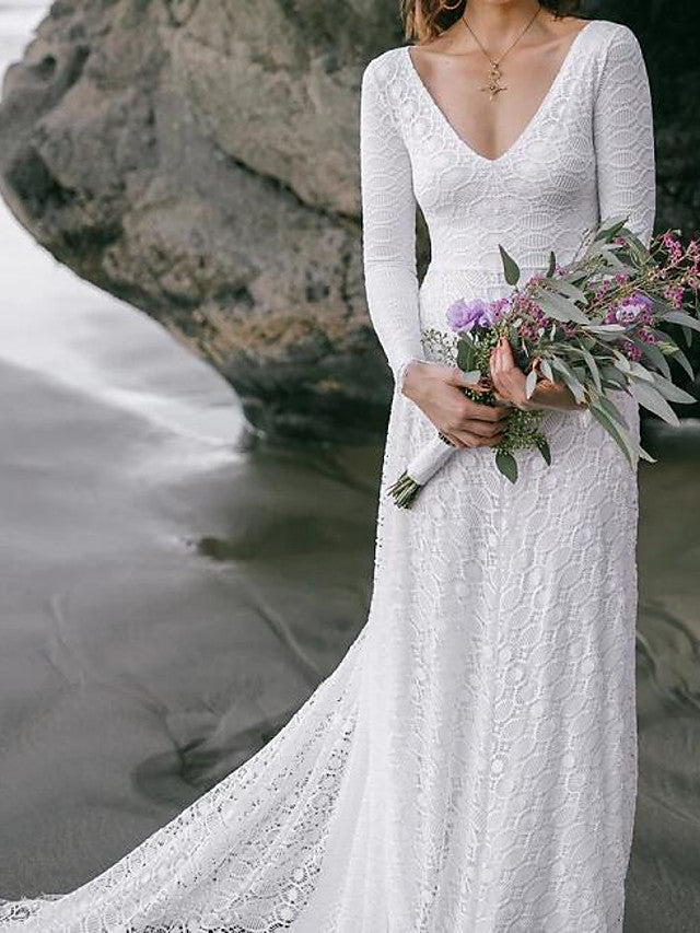 Boho Sexy Backless A-Line Beach Wedding Dress V-neck Lace Long Sleeve Bridal Gowns with Sweep Train