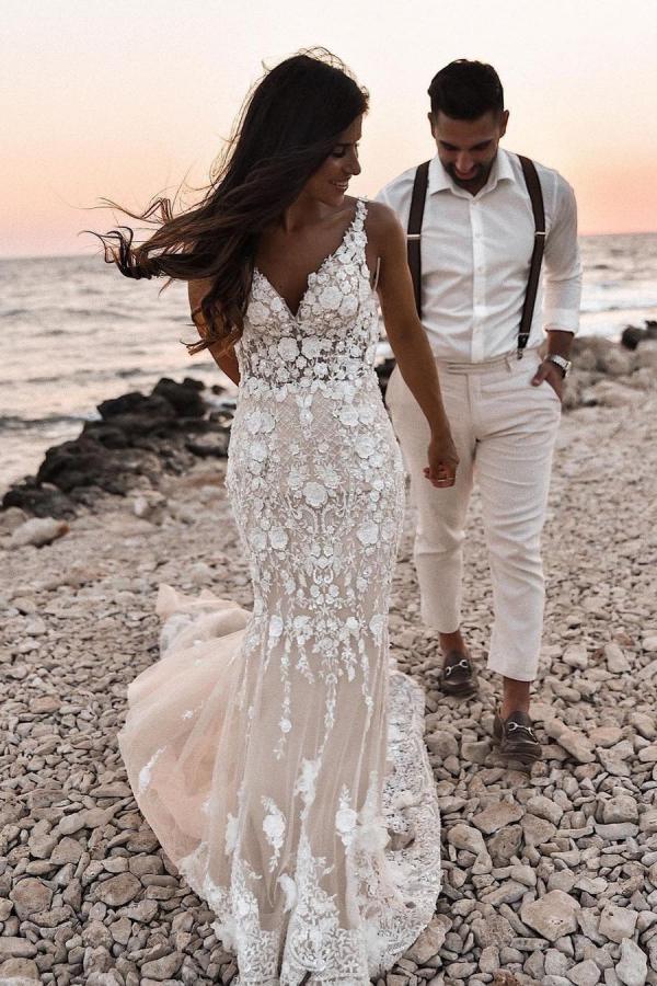 Boho Sleeveless Floral Mermaid Beach Wedding Dress Backless Bridal Gown