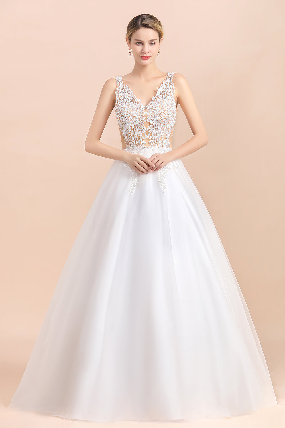 Boho V-Neck Lace Wedding Dress | Tulle Appliques Sleeveless Bridal Gowns