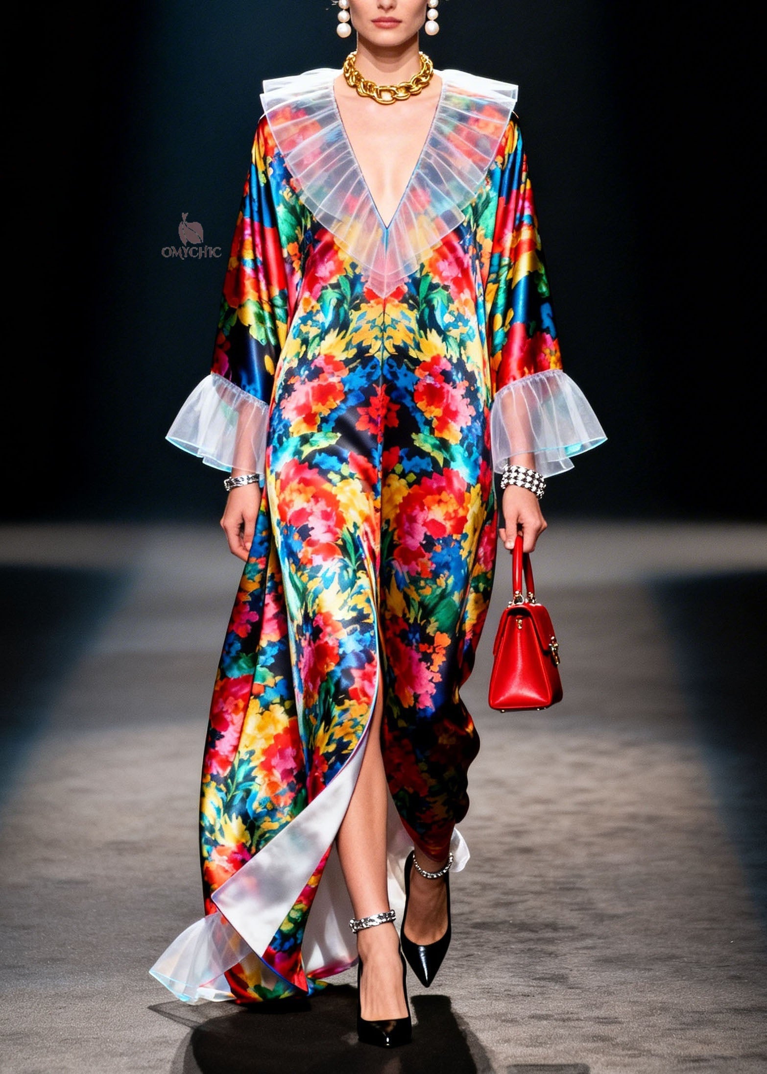 Boho V Neck Ruffled Print Patchwork Chiffon Robe Dresses Spring