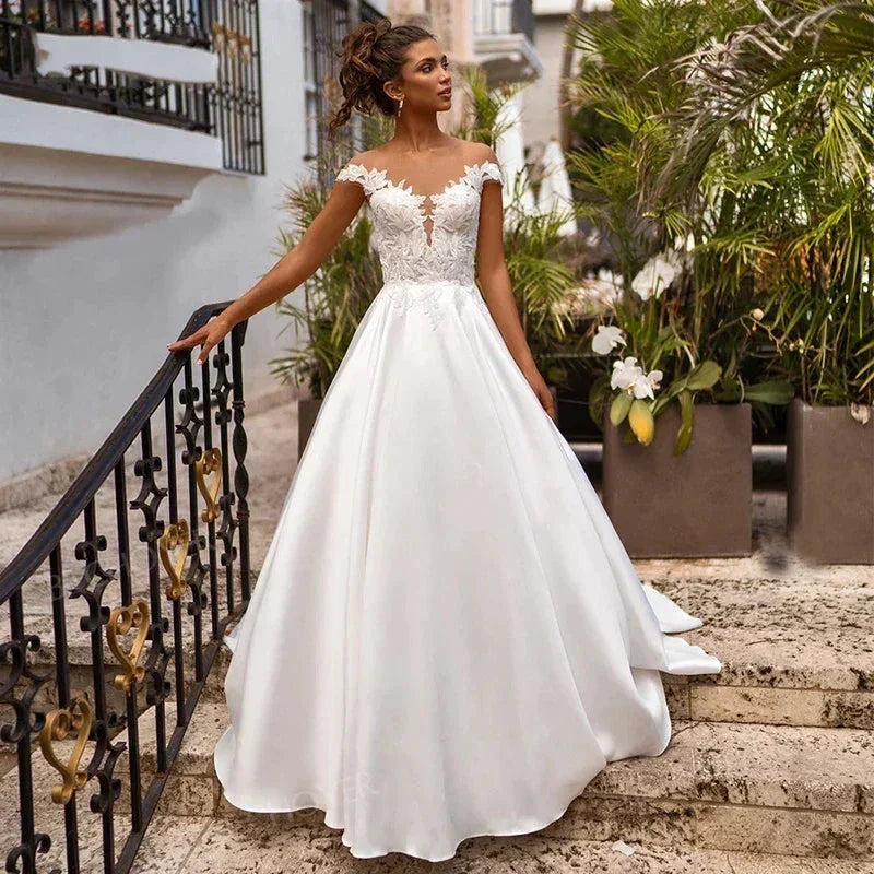 Boho Wedding Dress Cap Sleeves Illusion Neck Appliqued Satin Bridal Dress Beach Princess Plus Size Wedding Gowns Custom Mad (ZD14113) - VelvetHem