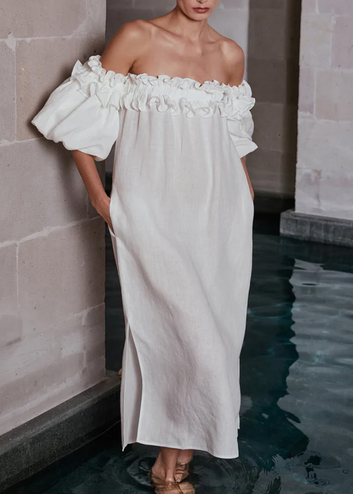 Boho White Slash Neck Ruffled Side Open Cotton Vacation Dresses Puff Sleeve