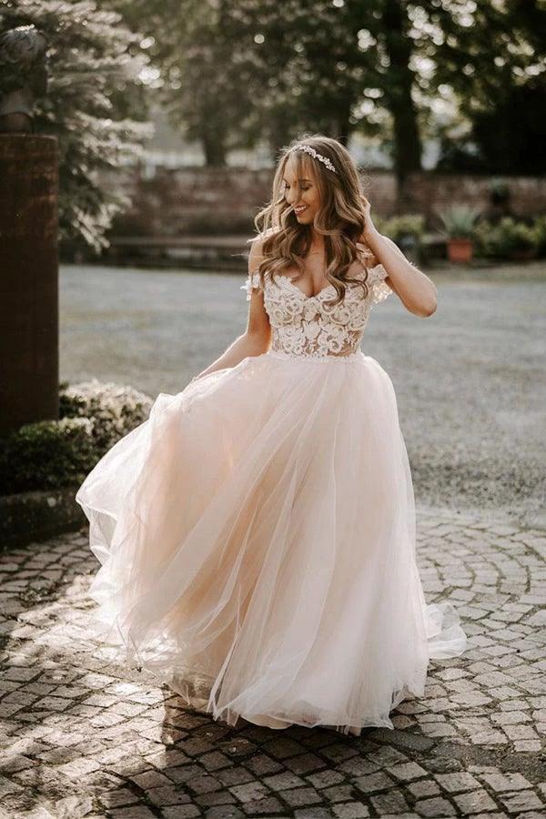 A-line Boho Champagne Off The Shoulder Wedding Dress Bridal Gown (ZD16221) - VelvetHem