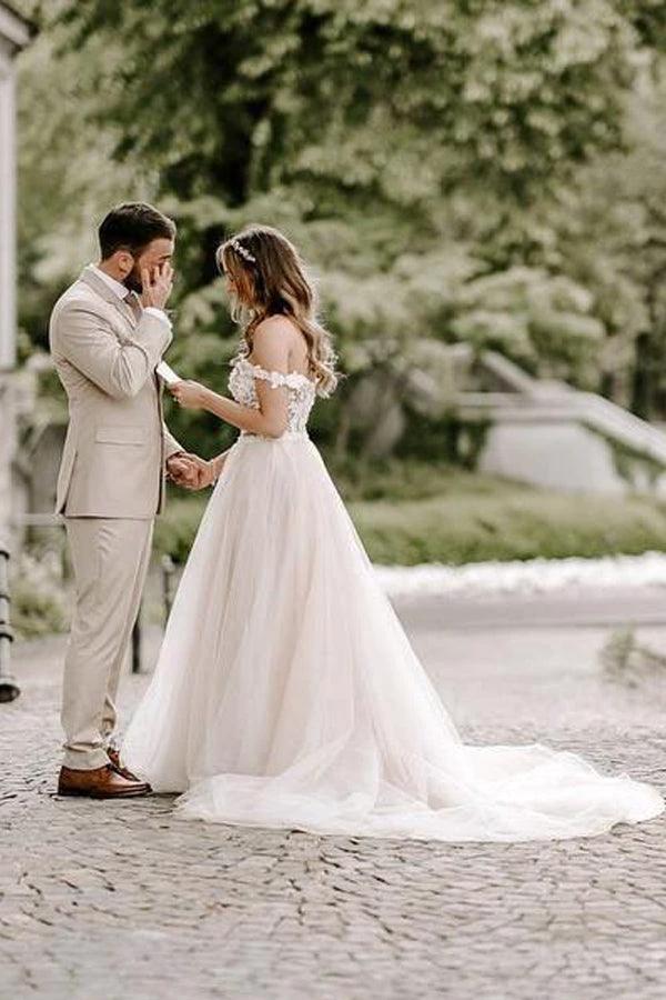 A-line Boho Champagne Off The Shoulder Wedding Dress Bridal Gown (ZD16221)