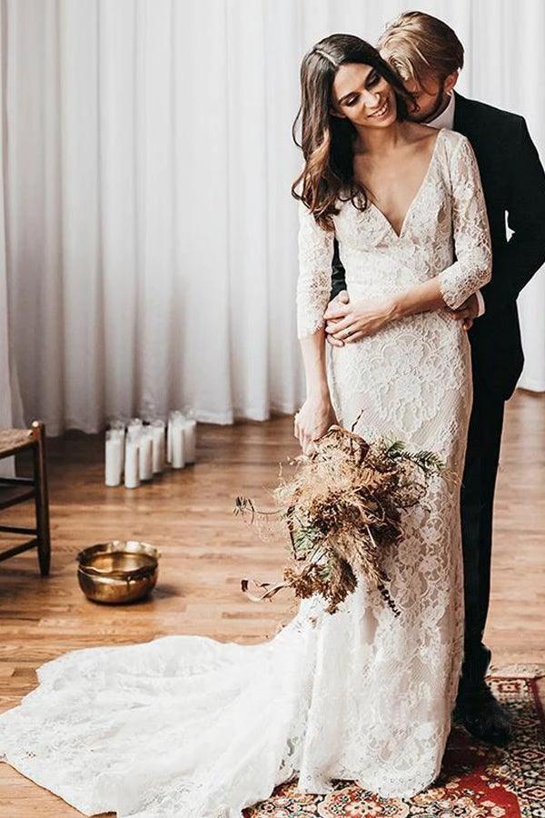 Boho Lace V Neck Mermaid Wedding Dresses With Court train (ZD16223) - VelvetHem
