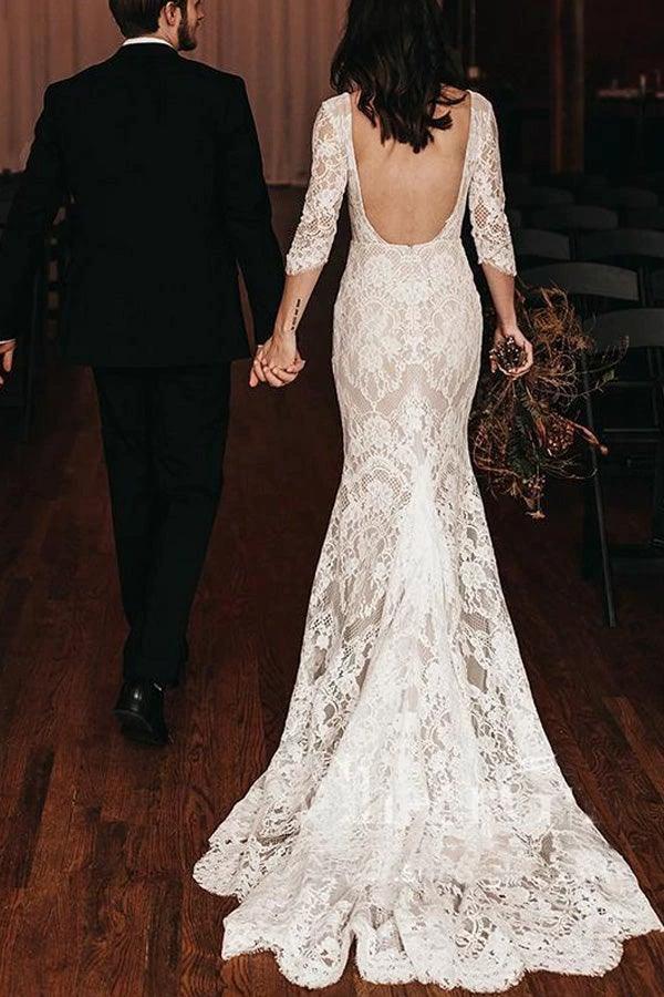 Boho Lace V Neck Mermaid Wedding Dresses With Court train (ZD16223)