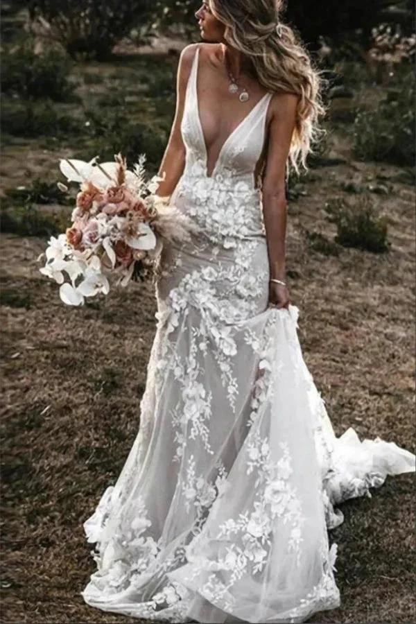 Boho Mermaid Wedding Dress Flower Appliques Deep V Neck Bridal Gown (ZD16389)