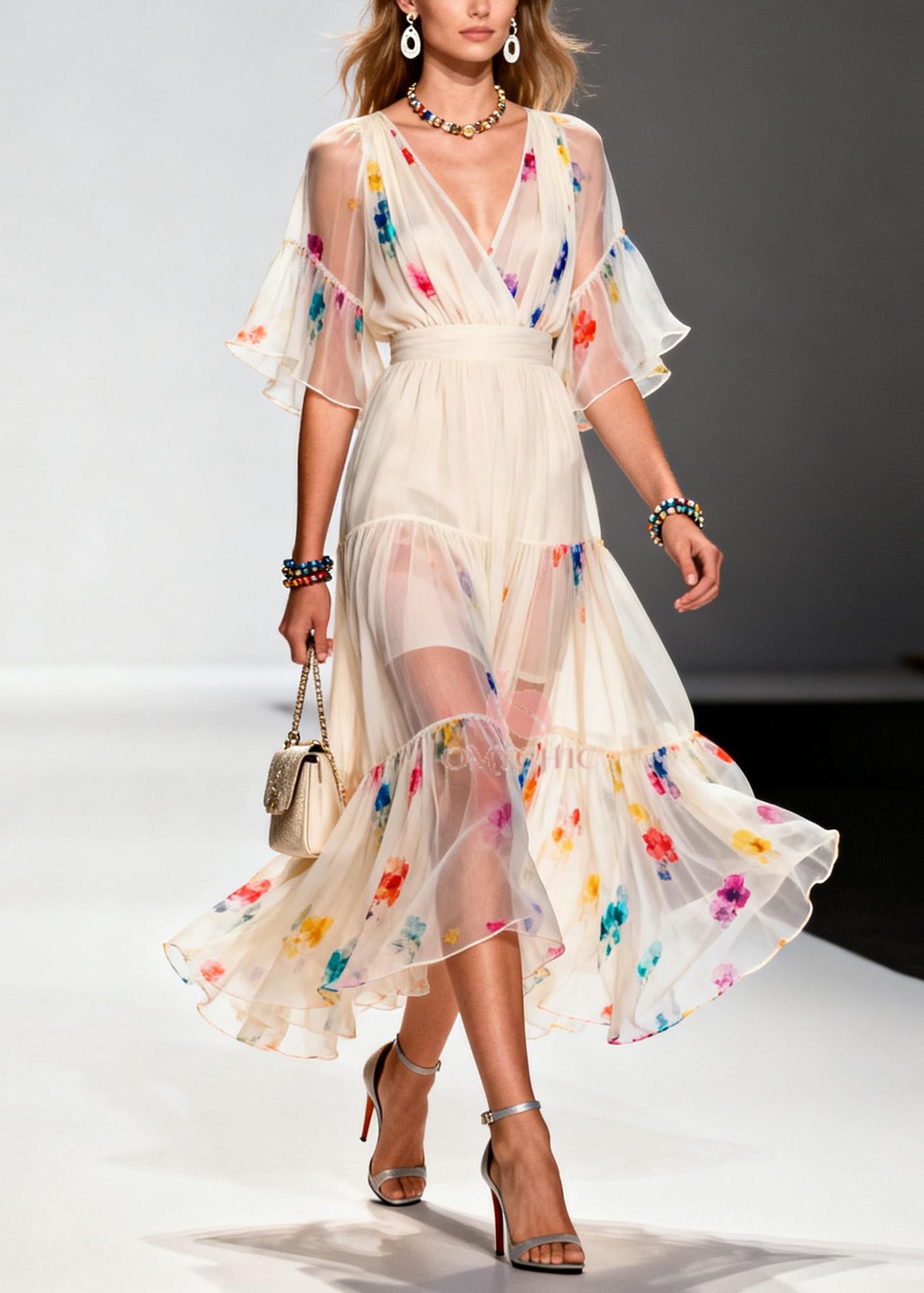 Boutique Apricot Print Chiffon Tunic Dresses Summer