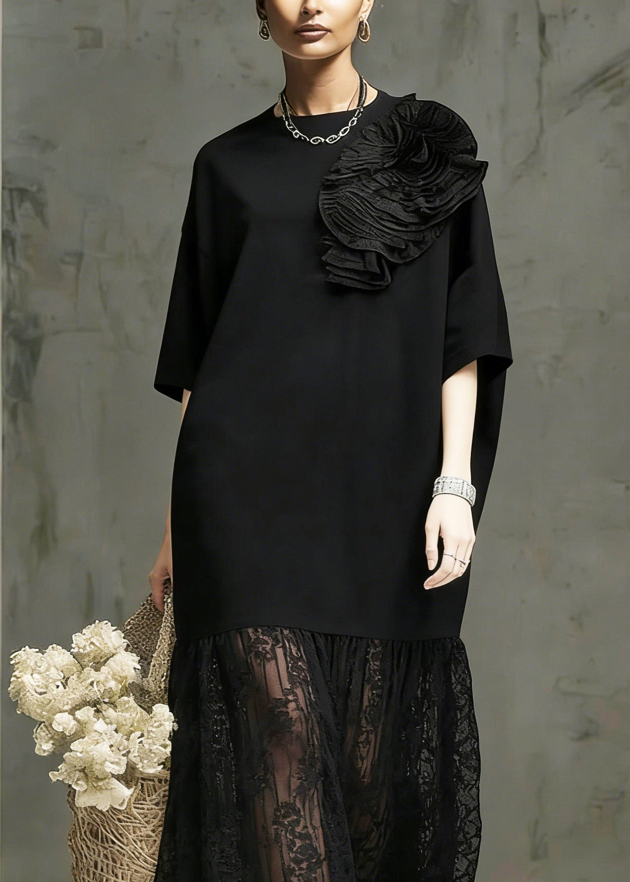 Boutique Black O Neck Floral Lace Patchwork Cotton Dress Summer