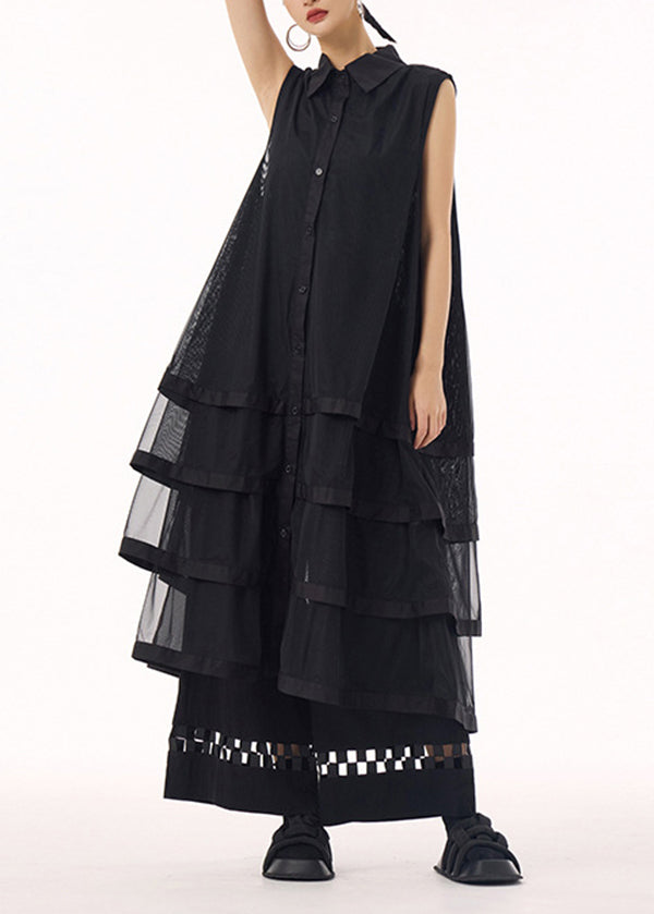 Boutique Black Peter Pan Collar Tulle Layered Patchwork Cotton Dress Summer