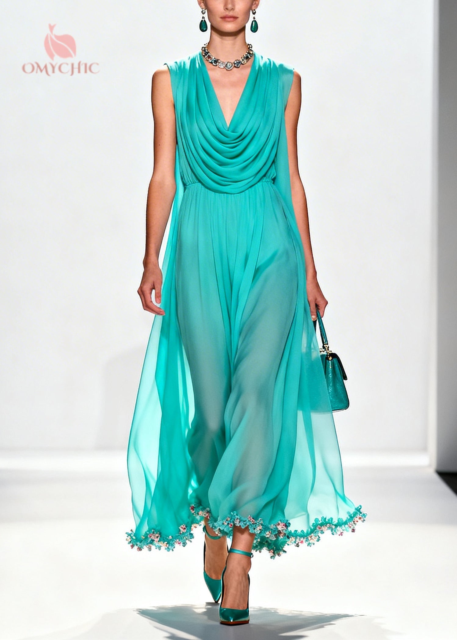 Boutique Blue Turtle Neck Patchwork Flower Lace Chiffon Maxi Dress Summer