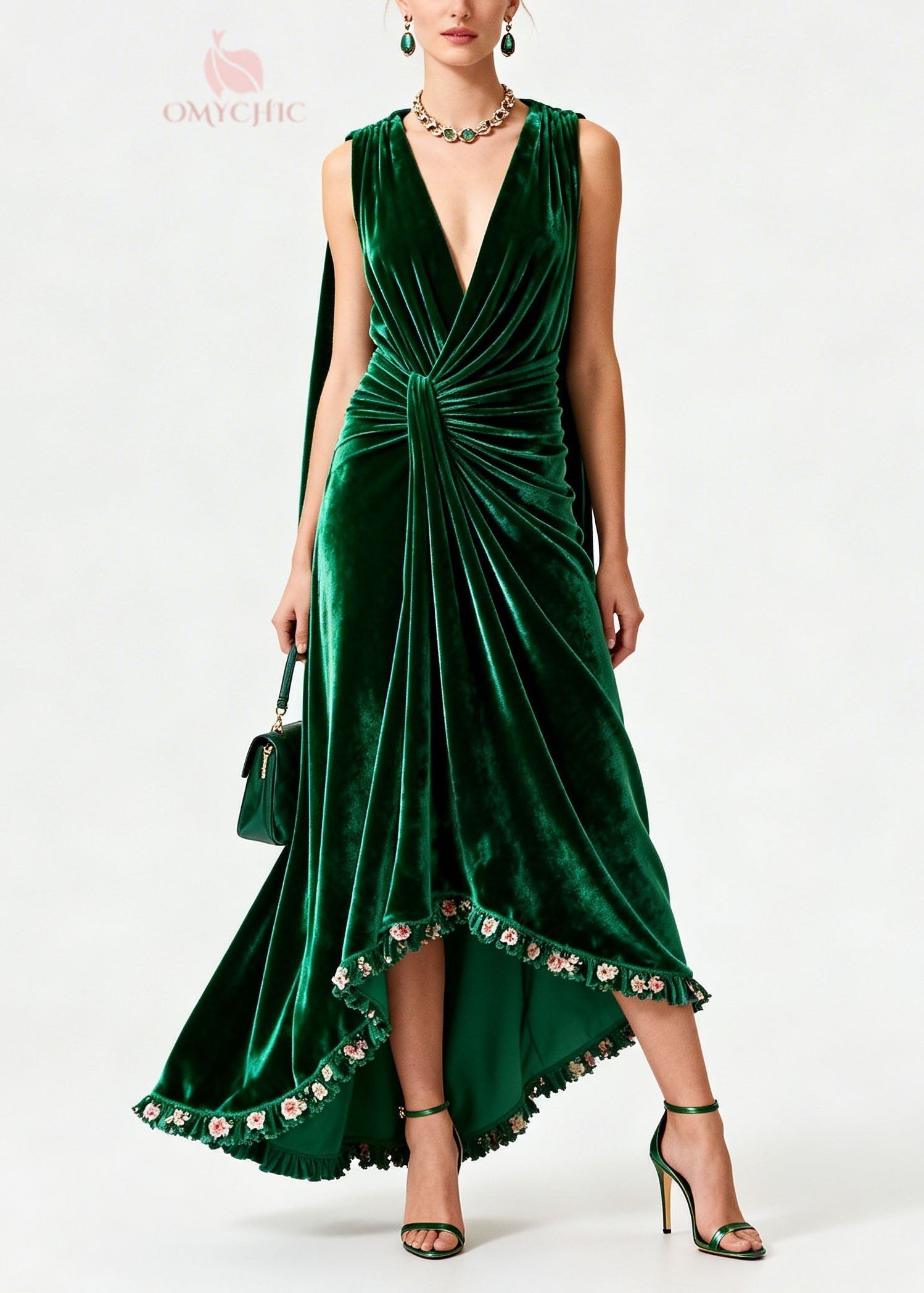 Boutique Green Floral Patchwork Velvet Robe Dresses Sleeveless