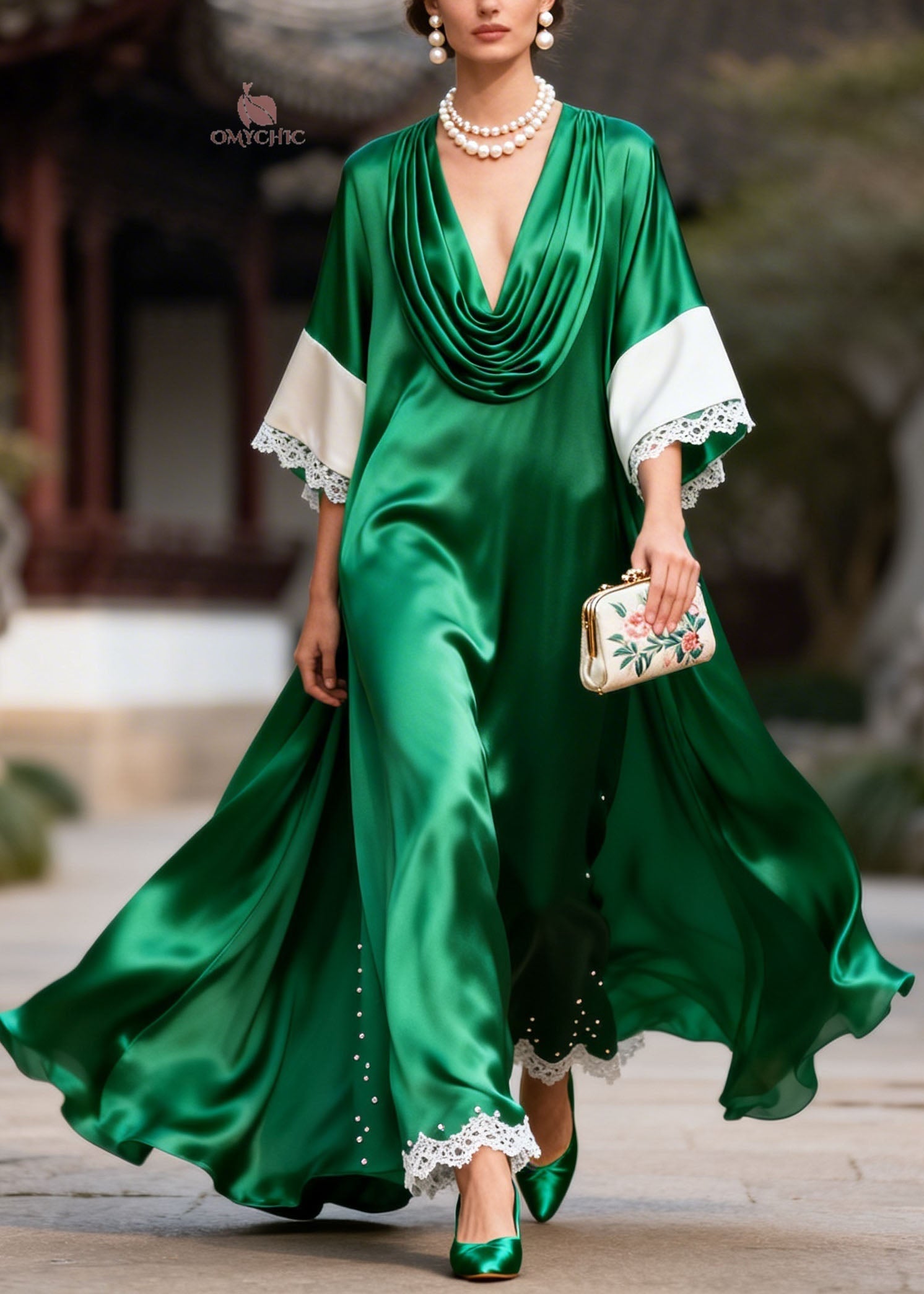Boutique Green Lace Patchwork Nail Bead Silk Dress Summer