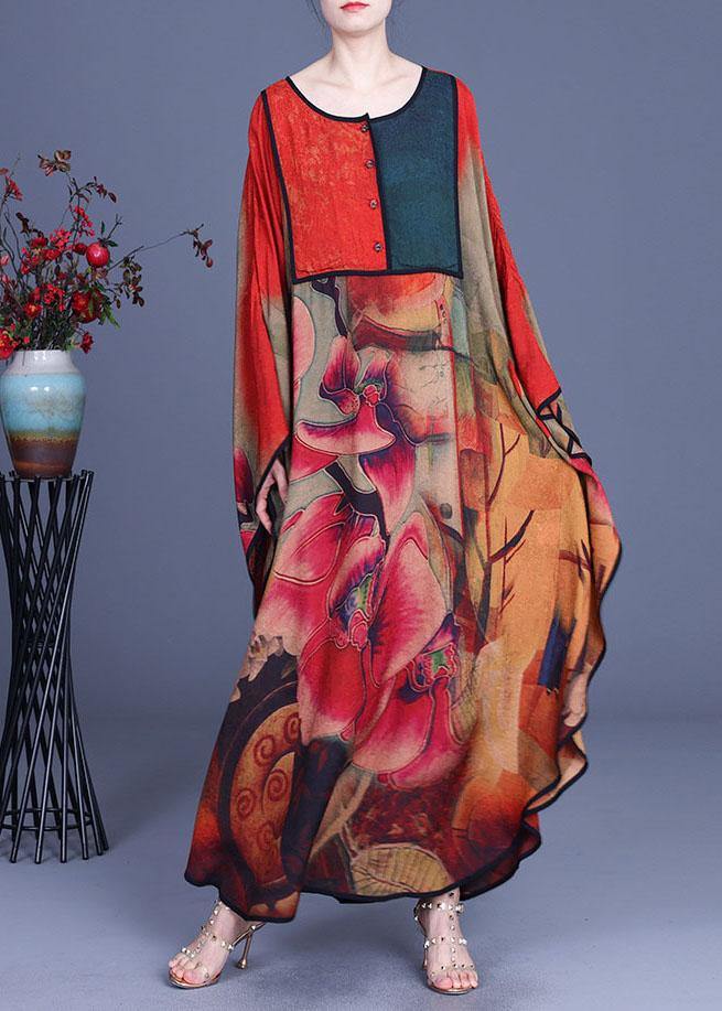 Boutique Green Print Button Retro O-Neck Summer Silk Dresses
