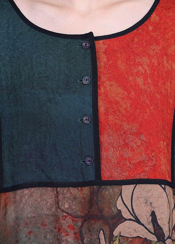 Boutique Green Print Button Retro O-Neck Summer Silk Dresses