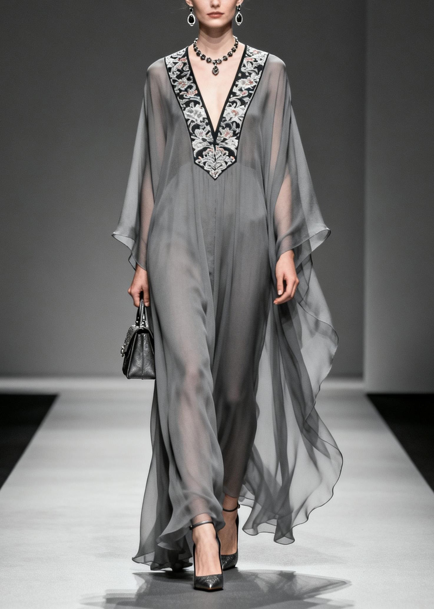 Boutique Grey V Neck Print Patchwork Chiffon Dress Spring