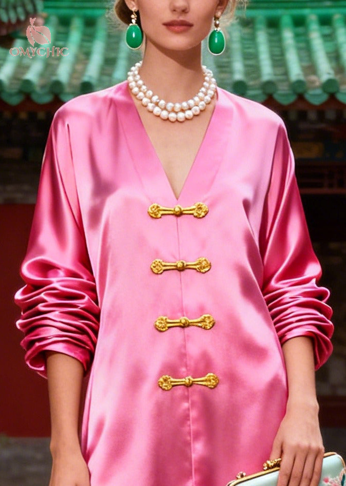 Boutique Pink Oversized Chinese Button Silk Fake Two Piece Dress
