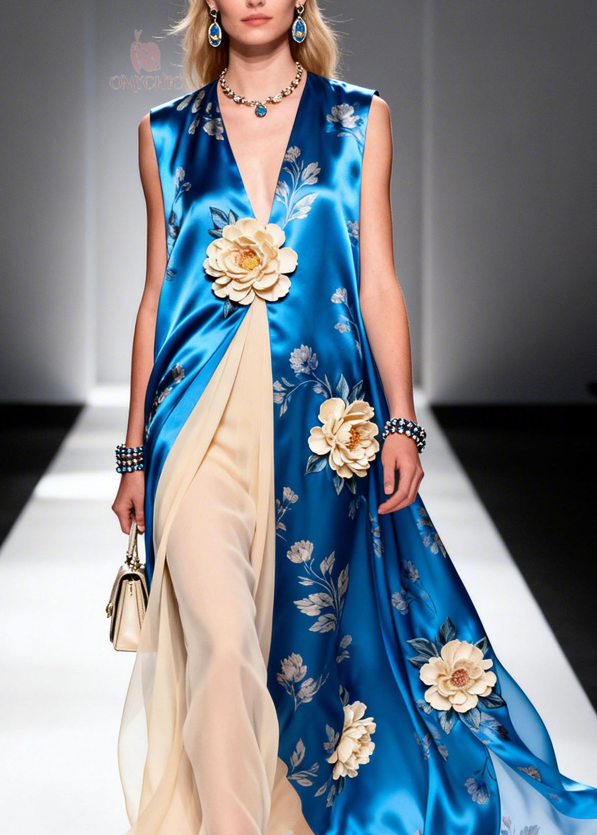 Boutique V Neck Floral Patchwork Chiffon Long Dress Summer