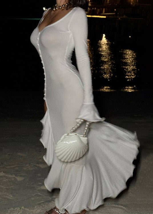 Boutique White Ruffled Side Open Cotton Vacation Dresses Summer