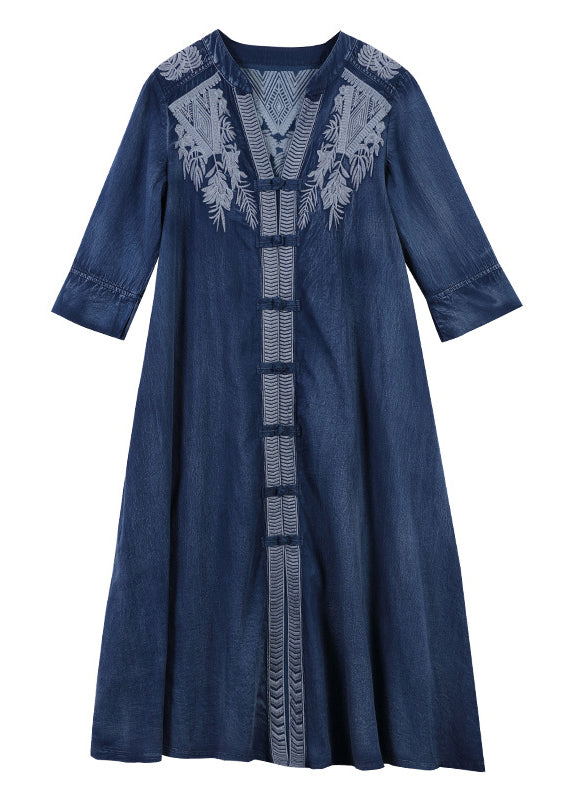 Brief Blue V Neck Print Cotton A Line Dress Half Sleeve