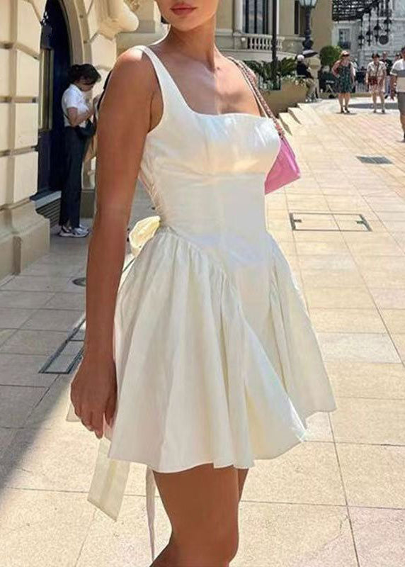 Brief White Backless Bow Solid Mid Spaghetti Strap Dress Sleeveless