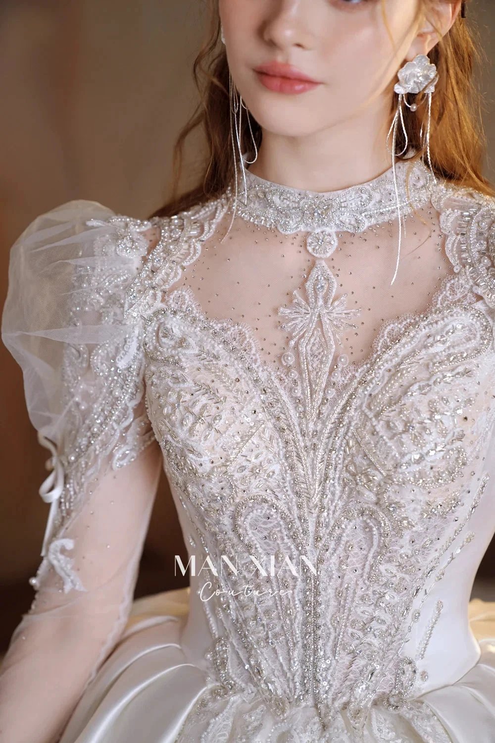 Gorgeous Long Ball Gown High Neck Sheer Long Sleeve Satin Wedding Dress with Crystal Embroidery & Train (ZD16940)