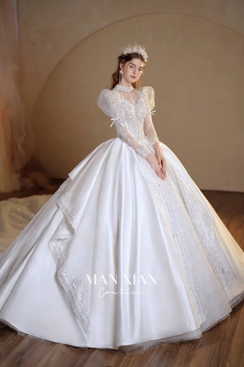 Gorgeous Long Ball Gown High Neck Sheer Long Sleeve Satin Wedding Dress with Crystal Embroidery & Train (ZD16940)
