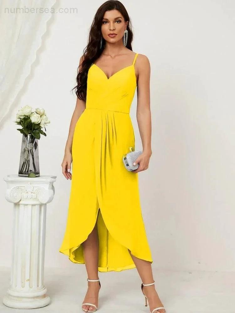 ZapDress Spaghetti Chiffon V Neck Bridesmaid Dress Mid-Length Slit Formal Prom Dress Homecoming Dress 2803 (ZD16952)