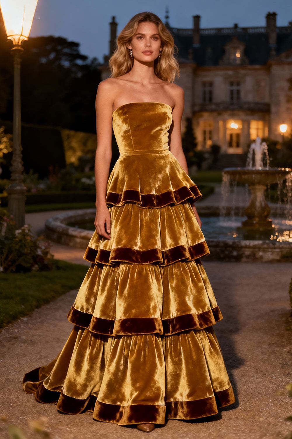 Suzhoufashion Brown A-Line Strapless Tiered Long Velvet Holiday Party Dress
