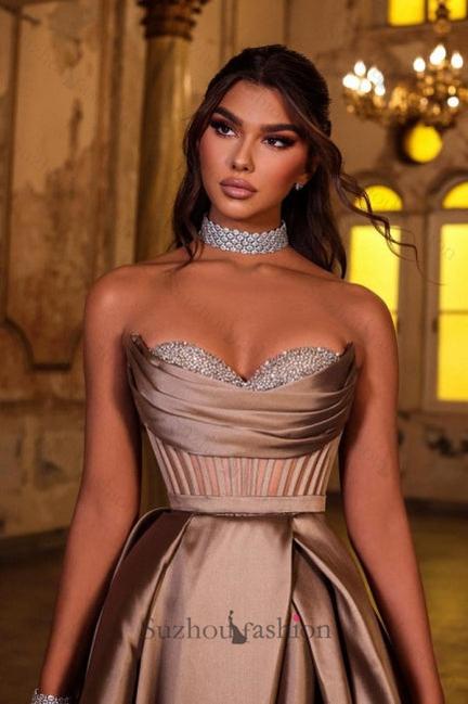 Brown Prom Dress Sweetheart Sleeveless Satin Slit Formal Dress With Rhinestones