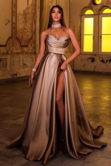 Brown Prom Dress Sweetheart Sleeveless Satin Slit Formal Dress With Rhinestones