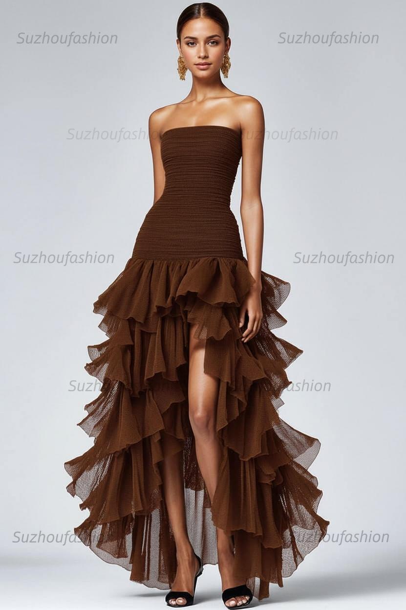 Black Wedding Guest Dress Strapless Tulle Long Ruffled Formal Dress With Slit