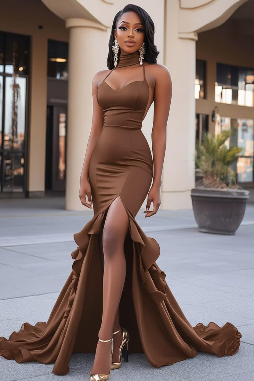Black Wedding Guest Dress Ruffled Mermaid Long Prom Dress With Slit