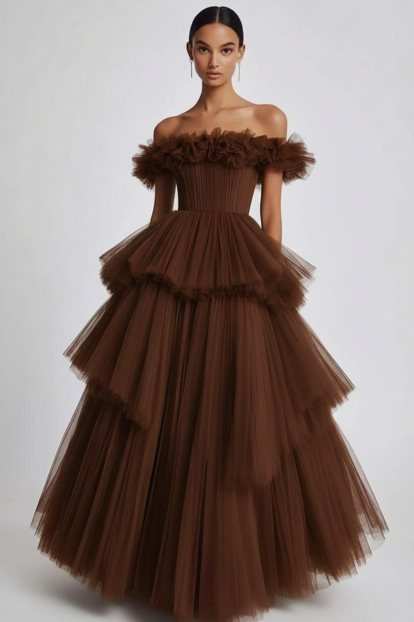 Dusty Sage Prom Dress Tulle Off The Shoulder Ball Gown Formal Dress With Ruffles