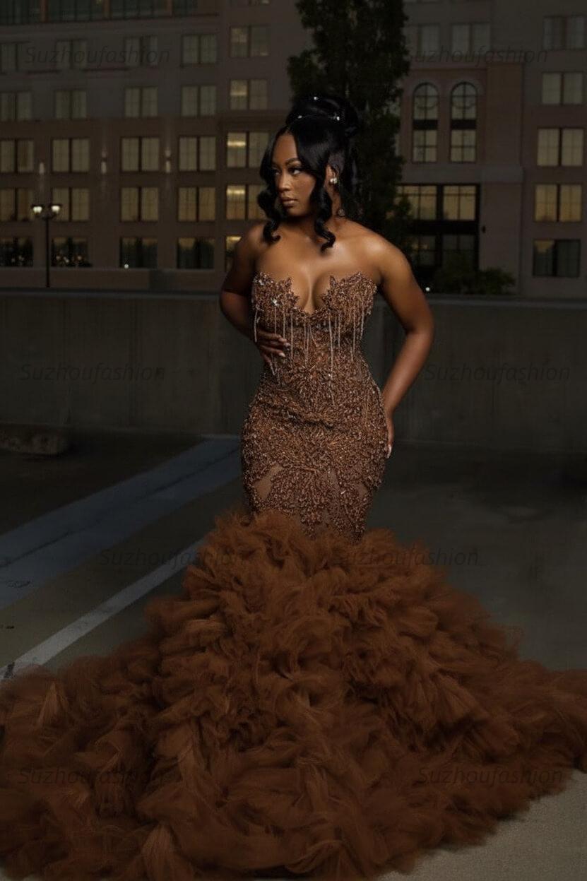 Mermaid Sweetheart Prom Dress Ruffled Sleeveless Formal Evening Gown with Rhinestones and Beadings