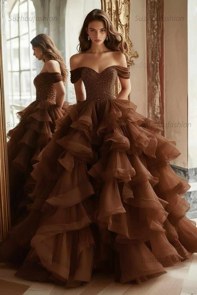 Pink Tiered Prom Dress Off the Shoulder A Line Formal Dress