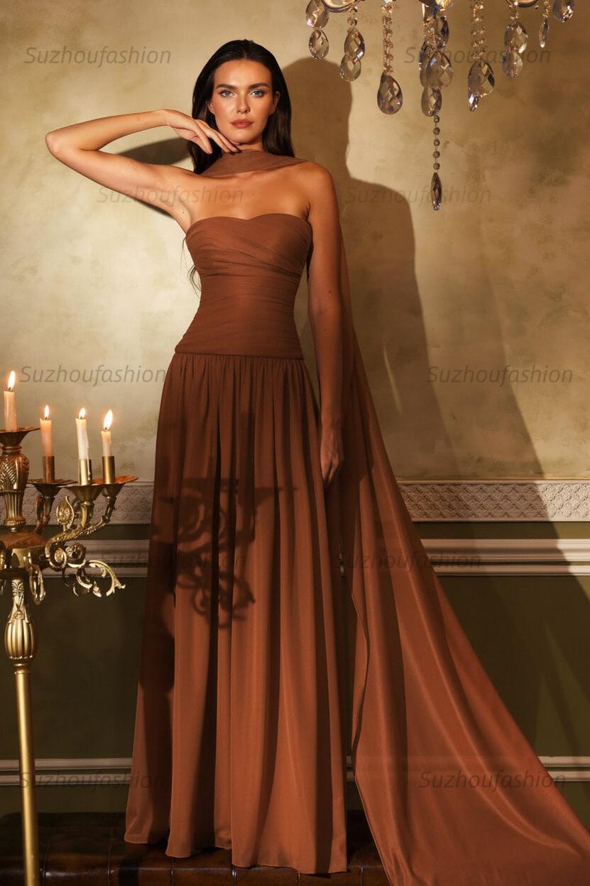 Chiffon Strapless Sleeveless Long Evening Formal Dress With Ruffled Pleated