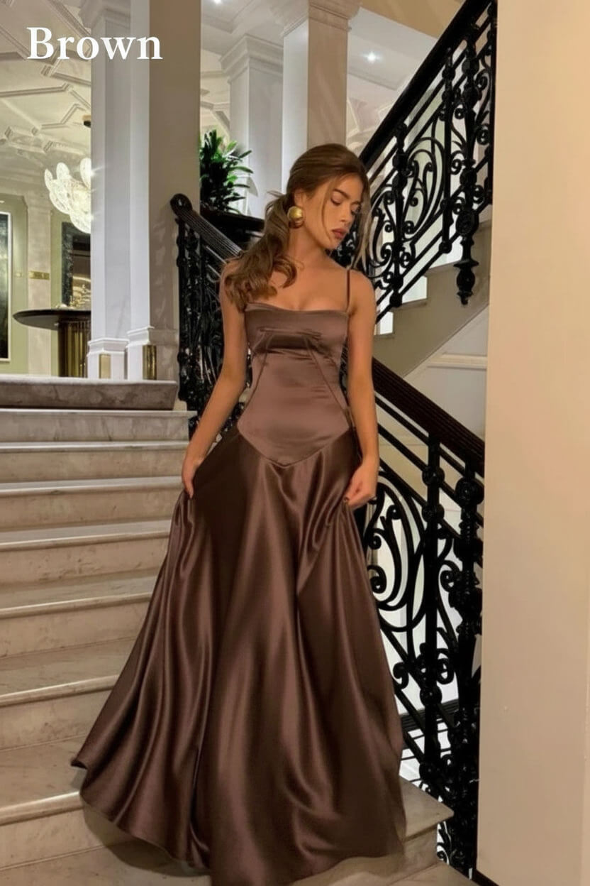 Suzhoufashion Brown Luxe Silk-Look Long Evening Dress With Fitted Bodice Formal Evening Gown
