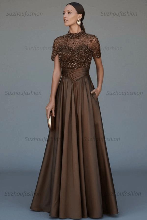 High Neck Short Sleeves Long Evening Formal Dress With Beading Pockets