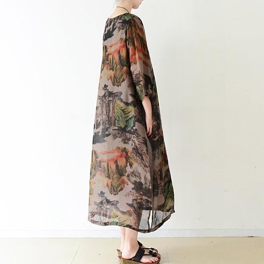 Brown flowy print chiffon dresses maxi dress long sleeve cotton lining
