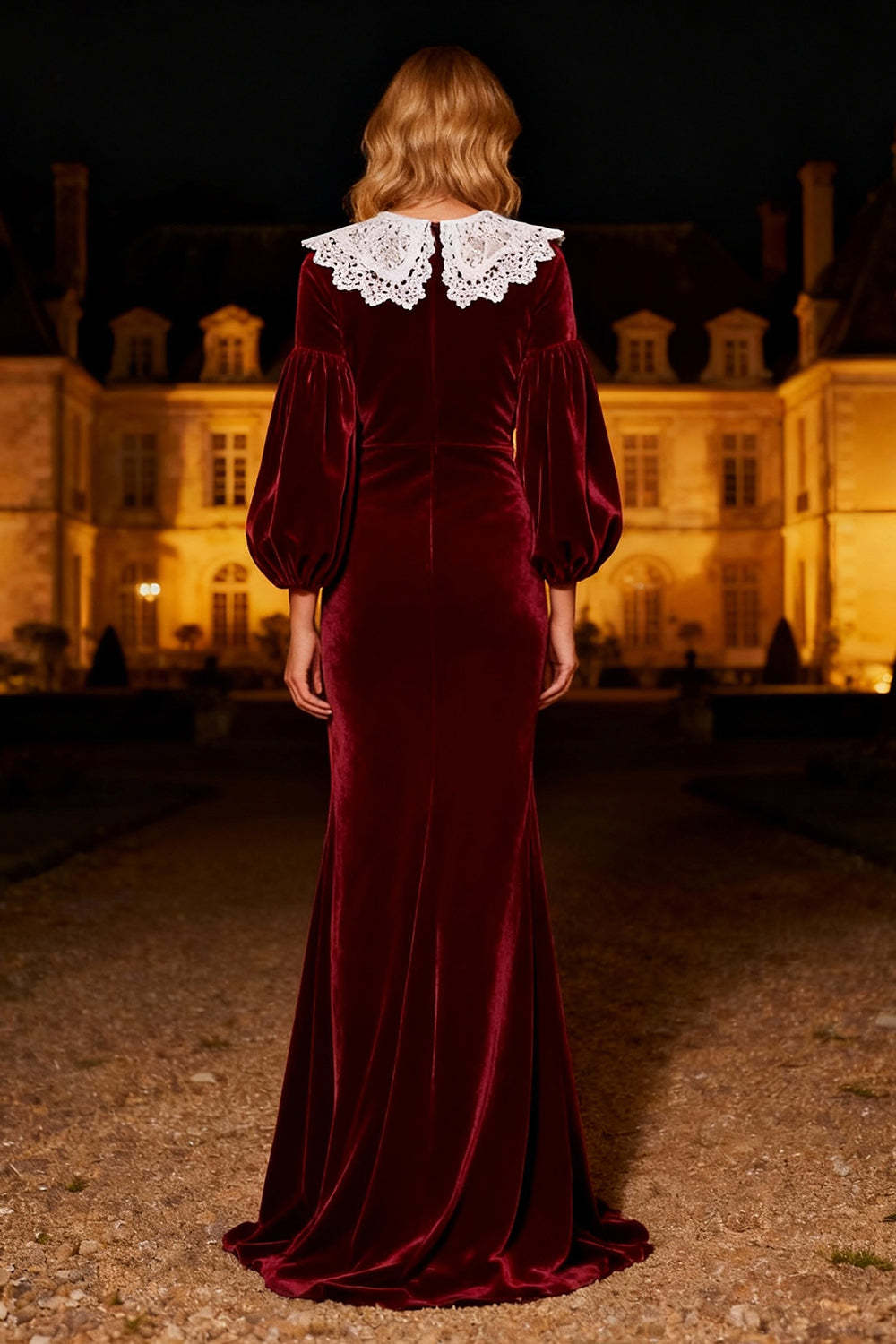 Suzhoufashion Burgundy Mermaid Peter Pan Collar Long Velvet Holiday Party Dress