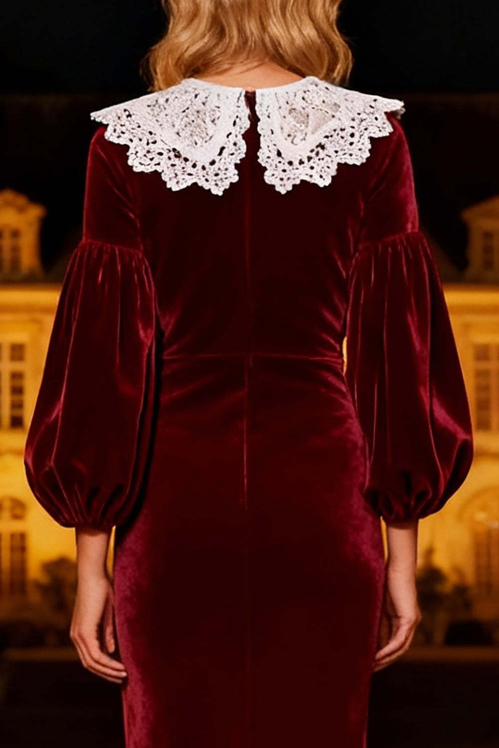 Suzhoufashion Burgundy Mermaid Peter Pan Collar Long Velvet Holiday Party Dress