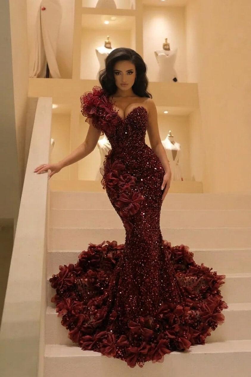 Burgundy One Shoulder Prom Dress Mermaid Sequined Formal Evening Dress with 3D Flowers