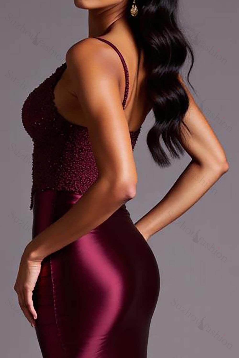 Burgundy Prom Dress Mermaid Satin Spaghetti Straps Long Formal Dress With Lace