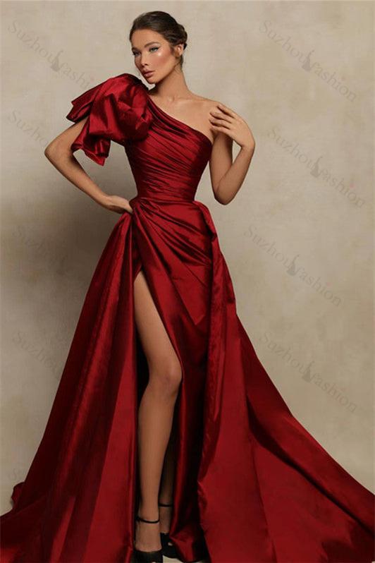 Burgundy Prom Dress One Shoulder Mermaid Evening Formal Dress With Split
