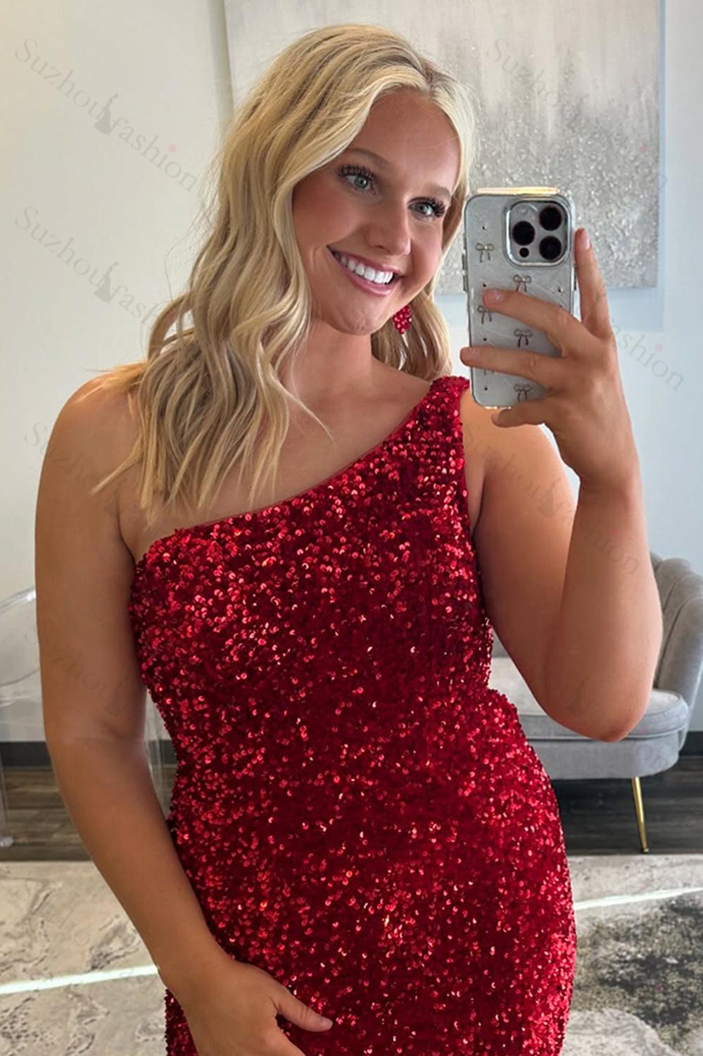 Burgundy Prom Dress One Shoulder Sheath Formal Dress With Slit
