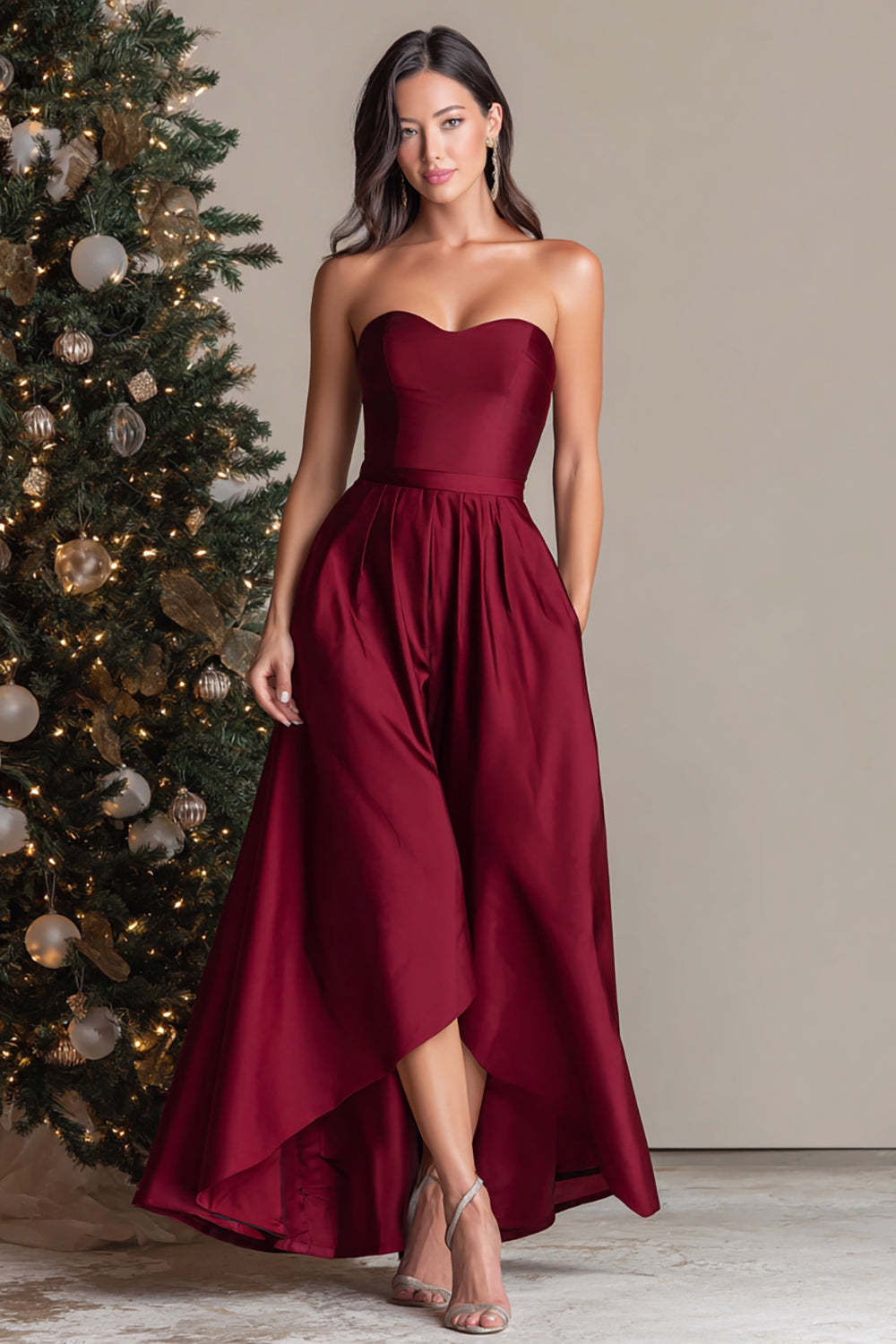 Suzhoufashion Burgundy Satin Sweetheart A Line Long Prom Dress