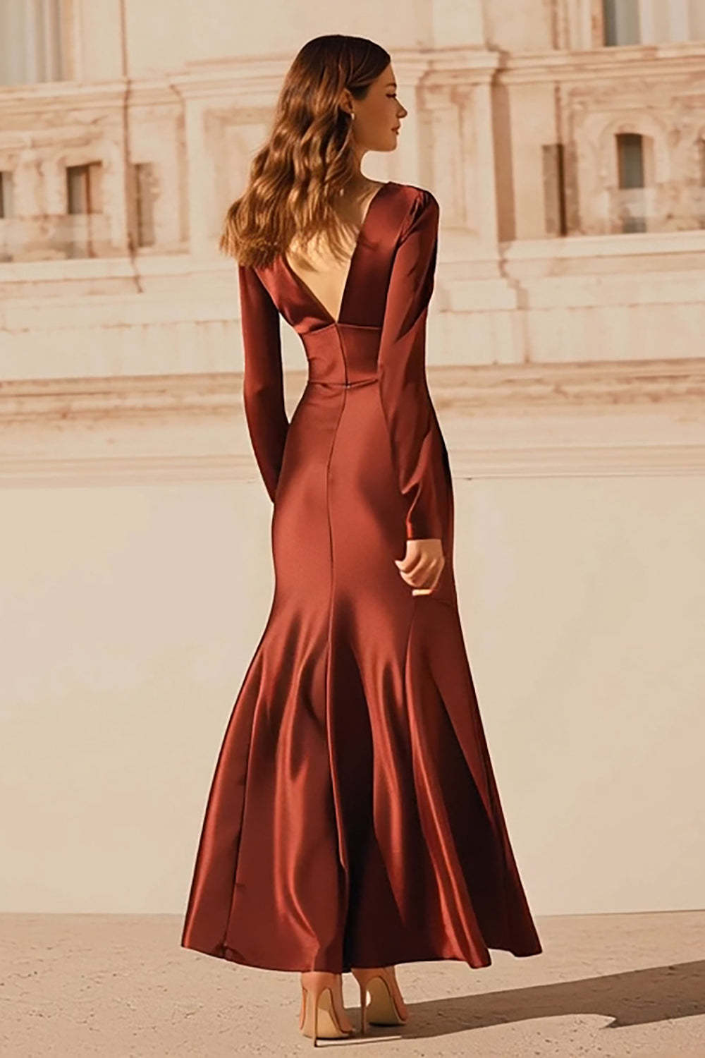 Suzhoufashion Burgundy Satin V-Neck Mermaid Long Sleeves Evening Dress With Ruffles